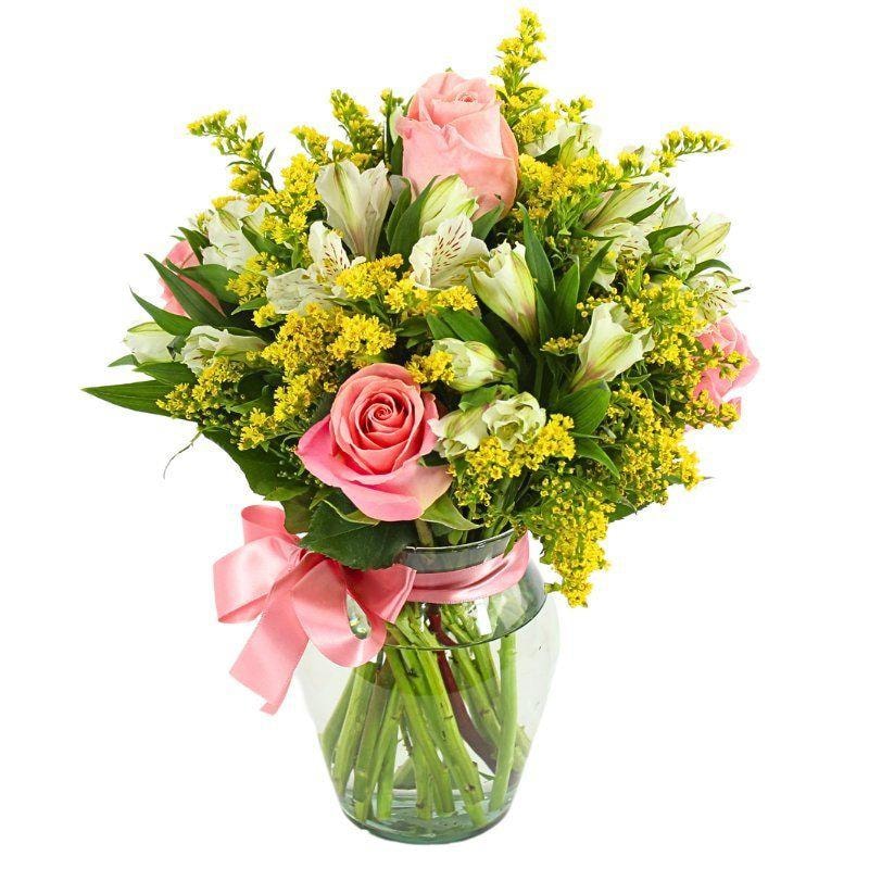 Ágata Rosado y Blanco en florero - rosas y astromelias - Imagen 2