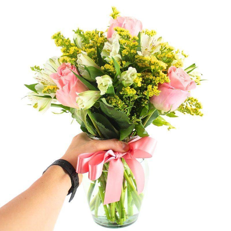 Ágata Rosado y Blanco en florero - rosas y astromelias - Imagen 5