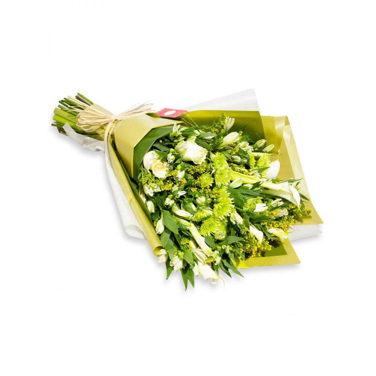 Ramo con calas y rosas blanco - Ramo con calas y rosas blanco, vara de oro, maules y astromelias - Imagen 1