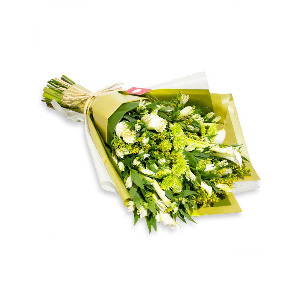 Ramo con calas y rosas blanco - Ramo con calas y rosas blanco, vara de oro, maules y astromelias - Imagen 1