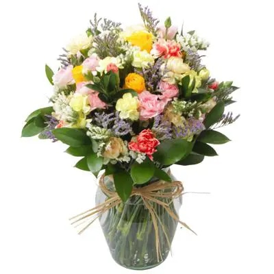 Colores de Frida amarillo en florero - Ánfora con rosas, claveles, estate y limonium