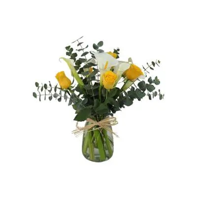 Calas y Rosas Amarillo - Florero con calas, rosas amarillo y eucaliptus dolar