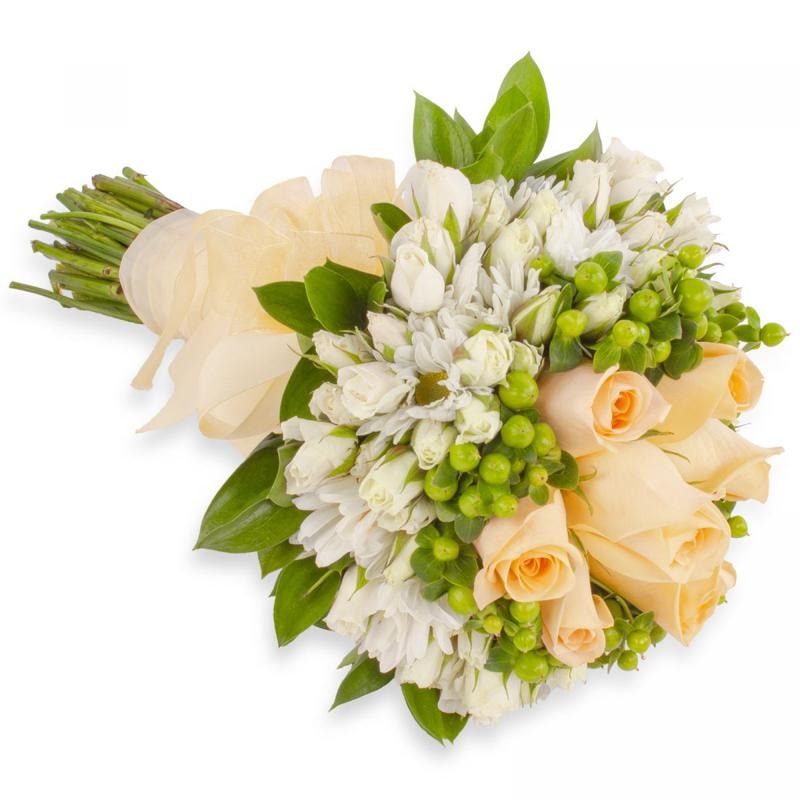 Chloe - Ramo con rosas damasco, hypericum verde y minirosas blanco - Imagen 1