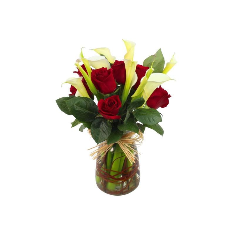 Calas y rosas en florero - arreglo calas y rosas rojo - Imagen 1