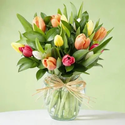 Tulipanes Multicolor en Ánfora - Florero con 20 tulipanes multicolores
