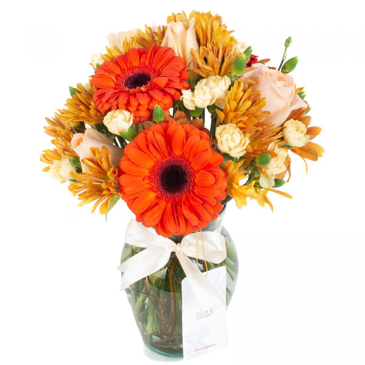 Brisa de otoño naranjo amarillo - Florero transparente con gerberas, rosas y mini claveles - Imagen 1