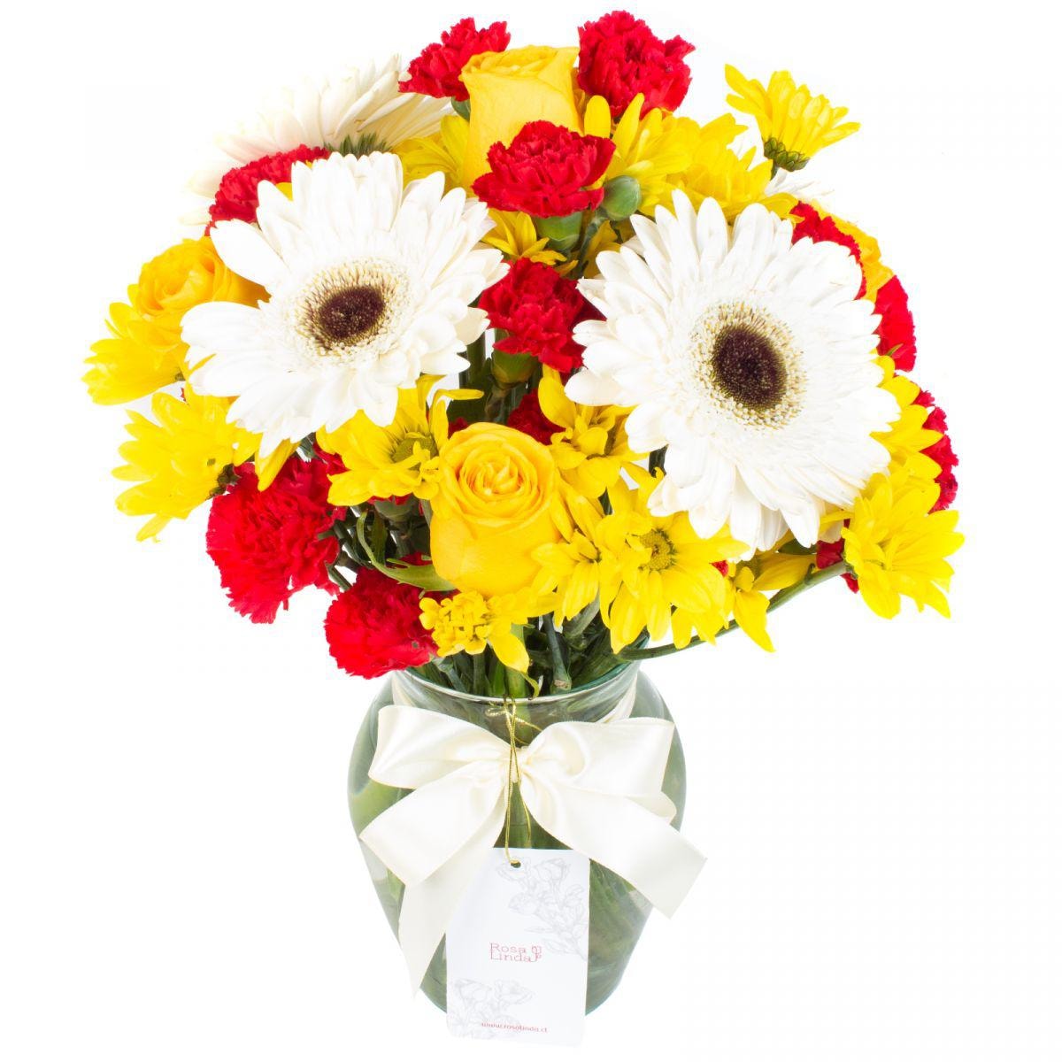 Brisa de verano amarillo - Florero transparente con gerberas, rosas y mini claveles - Imagen 1