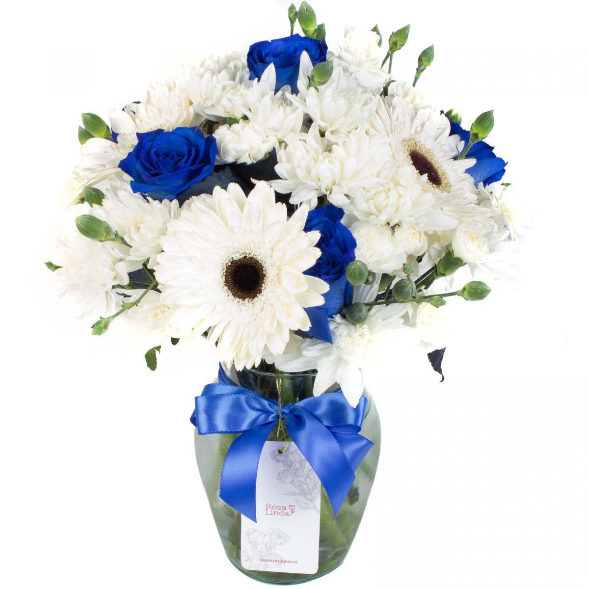 Brisa de invierno azul - Florero transparente con gerberas, rosas y mini claveles - Imagen 1