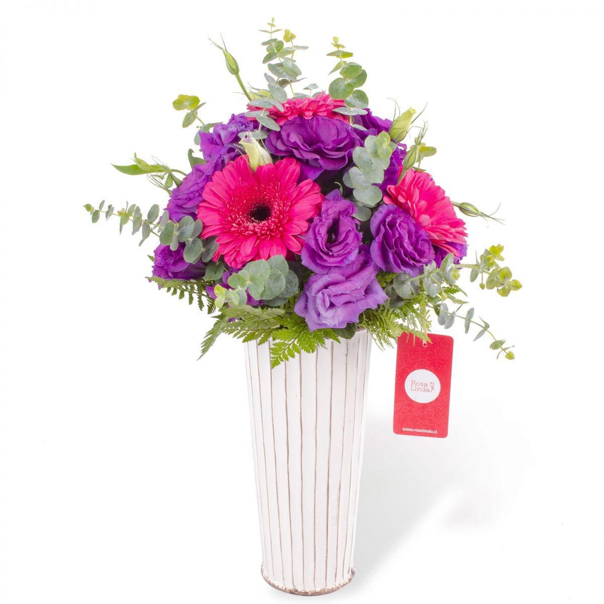 Isabella Fucsia - Arreglo floral con gerberas fucsias, lisianthus morados y eucalyptus - Imagen 1