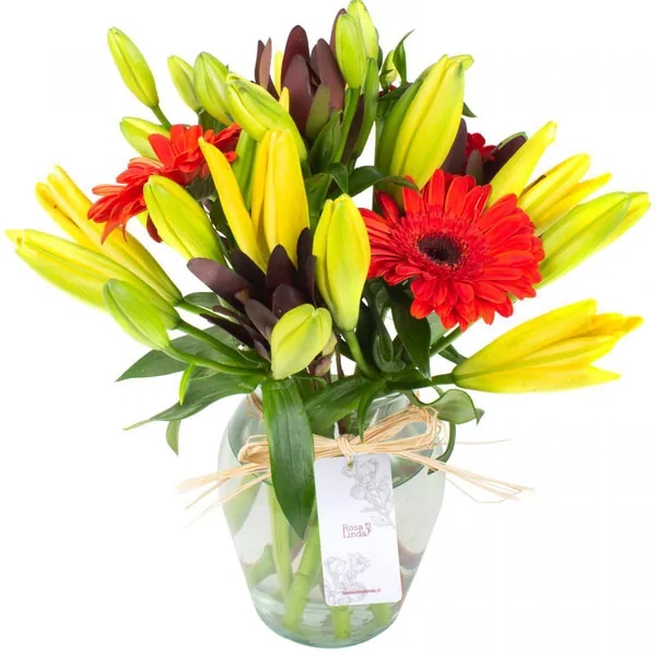 Rayen Naranja Amarillo - Florero transparente con liliums amarillos, gerberas naranja y leucadendros