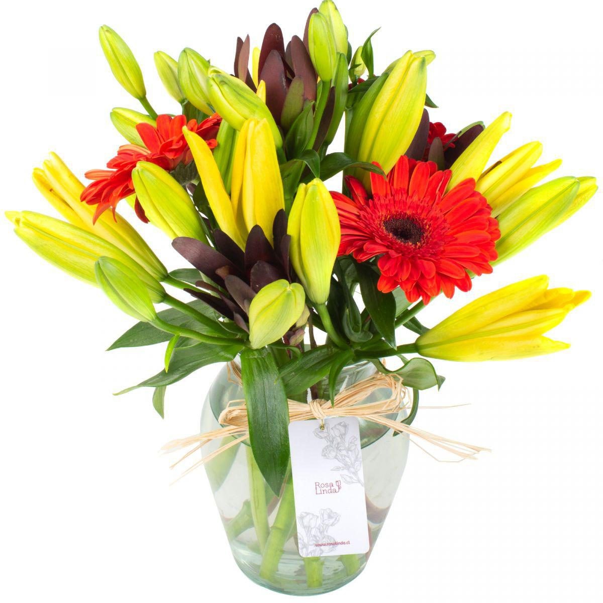Rayen Naranja Amarillo - Florero transparente con liliums amarillos, gerberas naranja y leucadendros - Imagen 1
