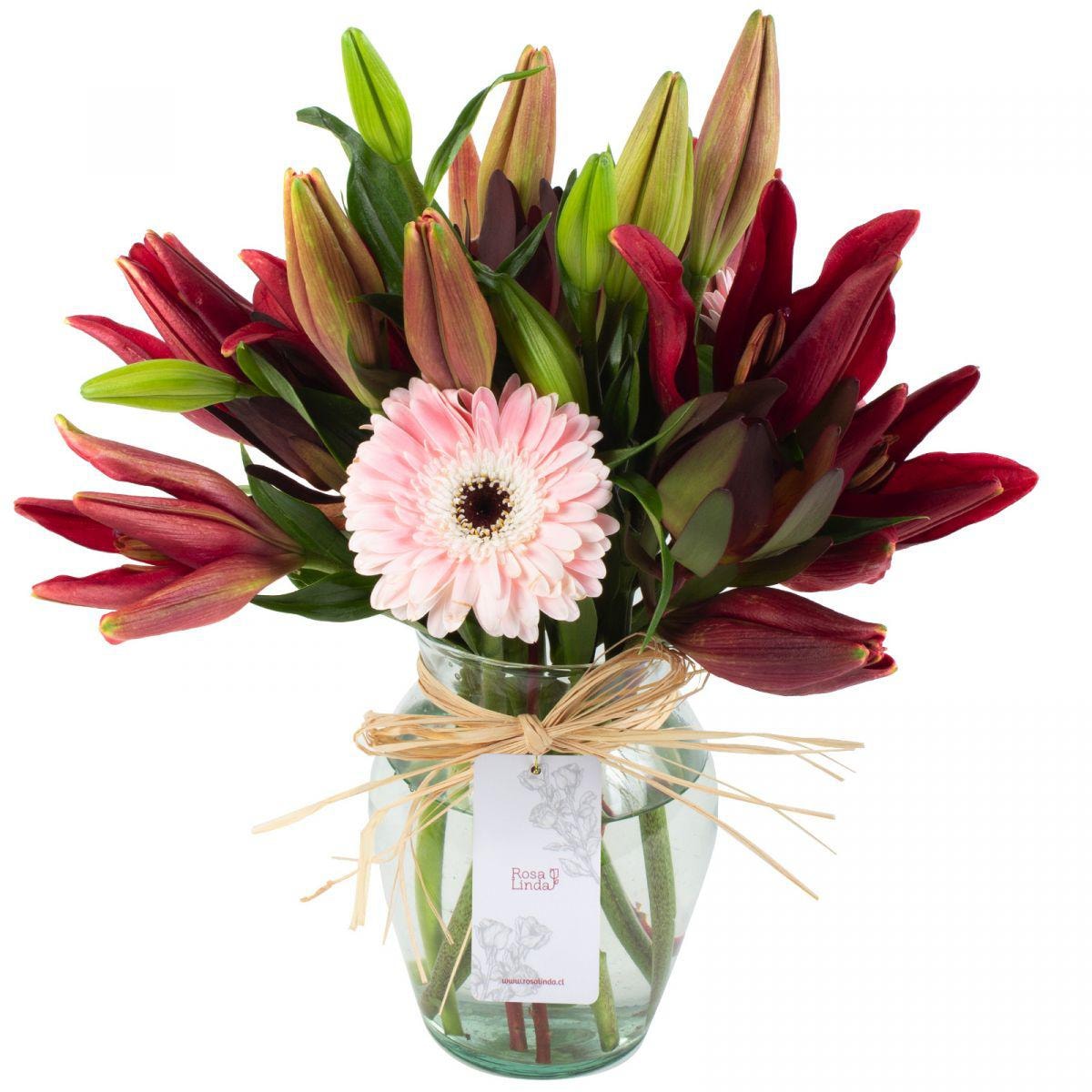 Rayen Rosado Rojo - Florero transparente con liliums rojo, gerberas rosadas y leucadendros - Imagen 1