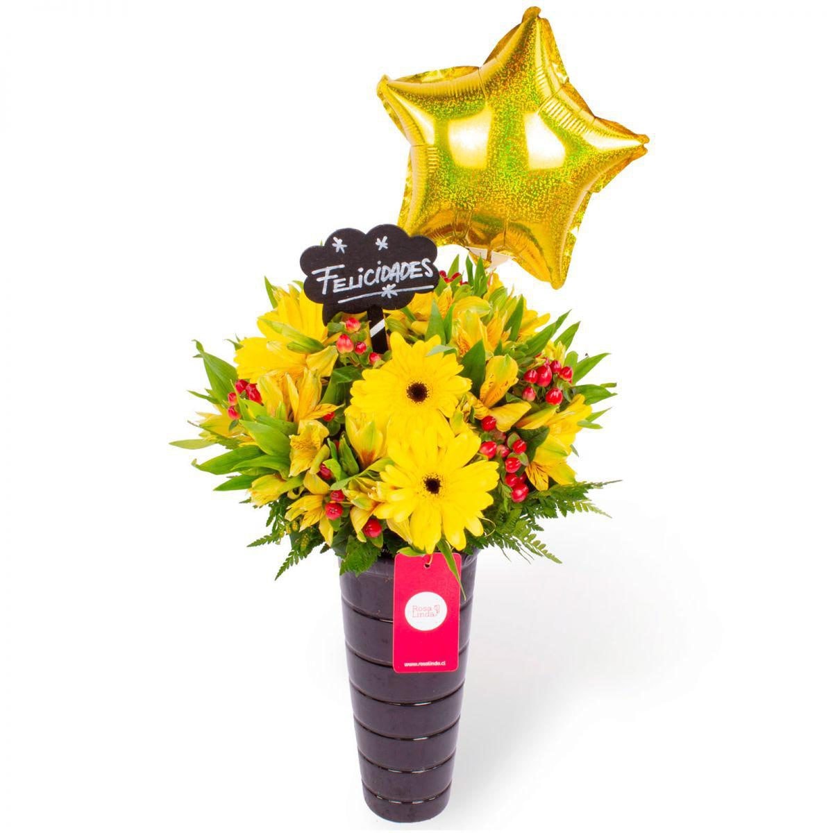 Felicidades Amarillo - Arreglo floral con globo, gerberas y astromelias amarillas e hypericum - Imagen 1