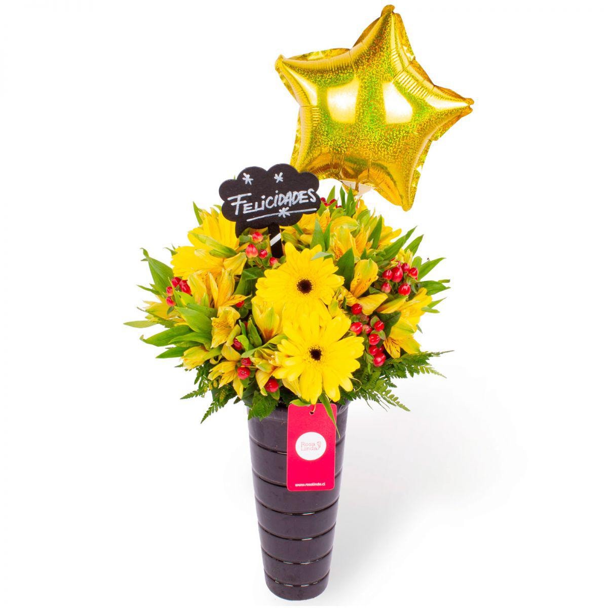 Felicidades Amarillo - Arreglo floral con globo, gerberas y astromelias amarillas e hypericum - Imagen 1