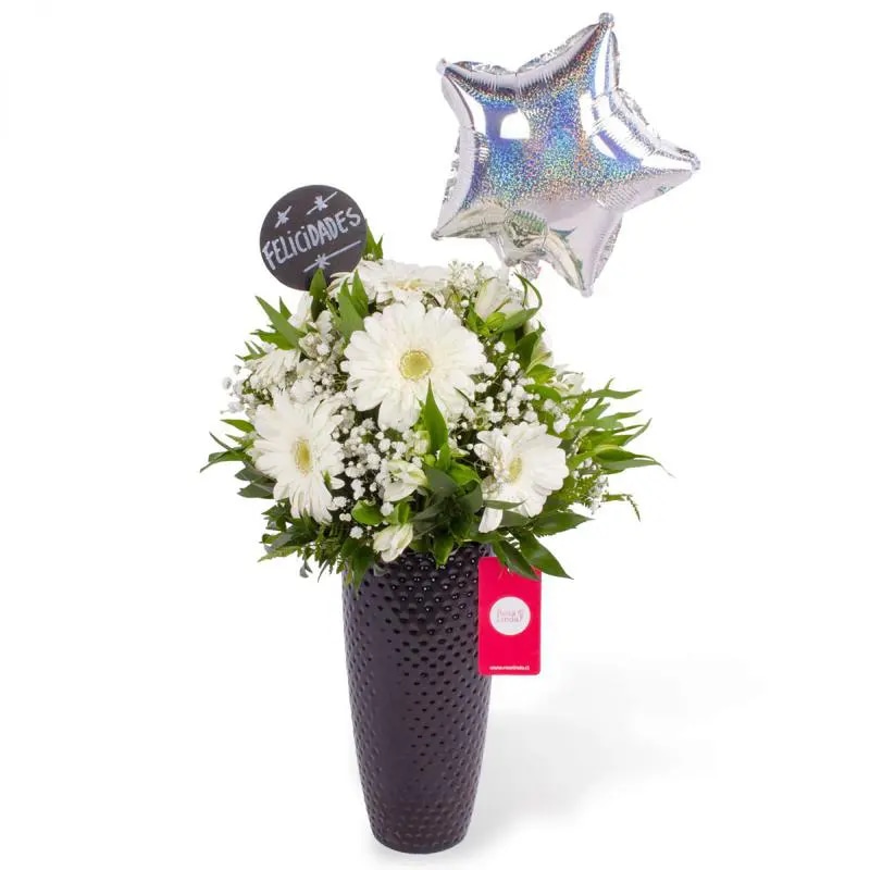 Felicidades Blanco - Arreglo floral con globo, gerberas, astromelias y gypsophilas