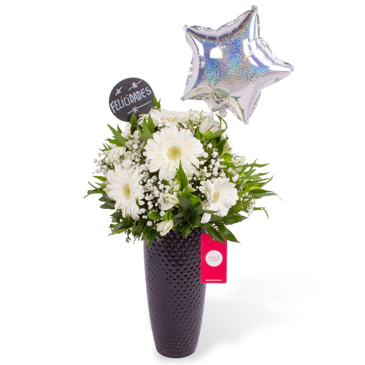 Felicidades Blanco - Arreglo floral con globo, gerberas, astromelias y gypsophilas - Imagen 1
