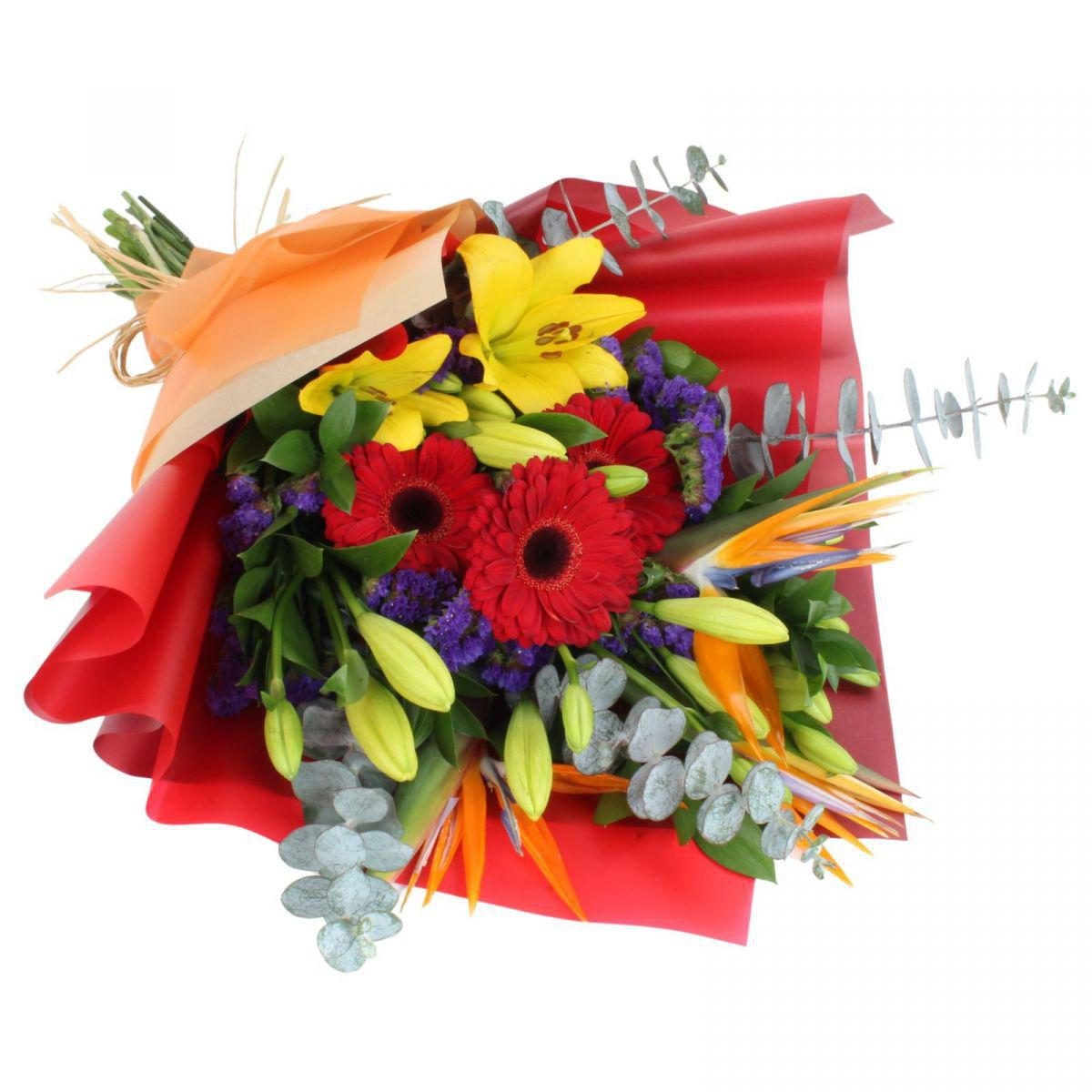 Abril en Ramo - Ramo de gerberas rojas, liliums amarillos, aves del paraíso y statice morado - Imagen 1