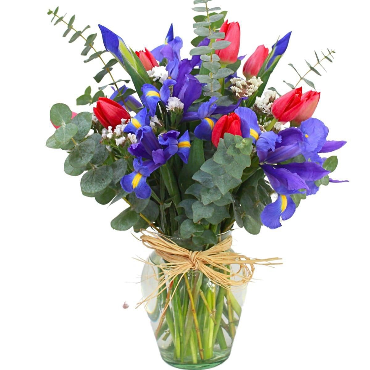 Kallfu - florero con Iris azules y tulipanes - Imagen 1