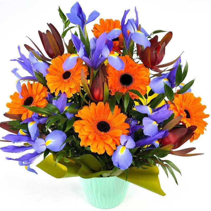 Martin Pescador - arreglo floral gerberas naranja e iris - Imagen 1