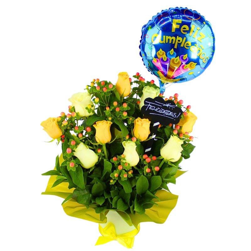 Fiesta de Rosas blanco y amarillo - arreglo con rosas, hypericum y globo feliz cumpleaños - Imagen 1