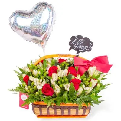 Pasión Eterna - canasto rosas rojo astromeia globo corazon