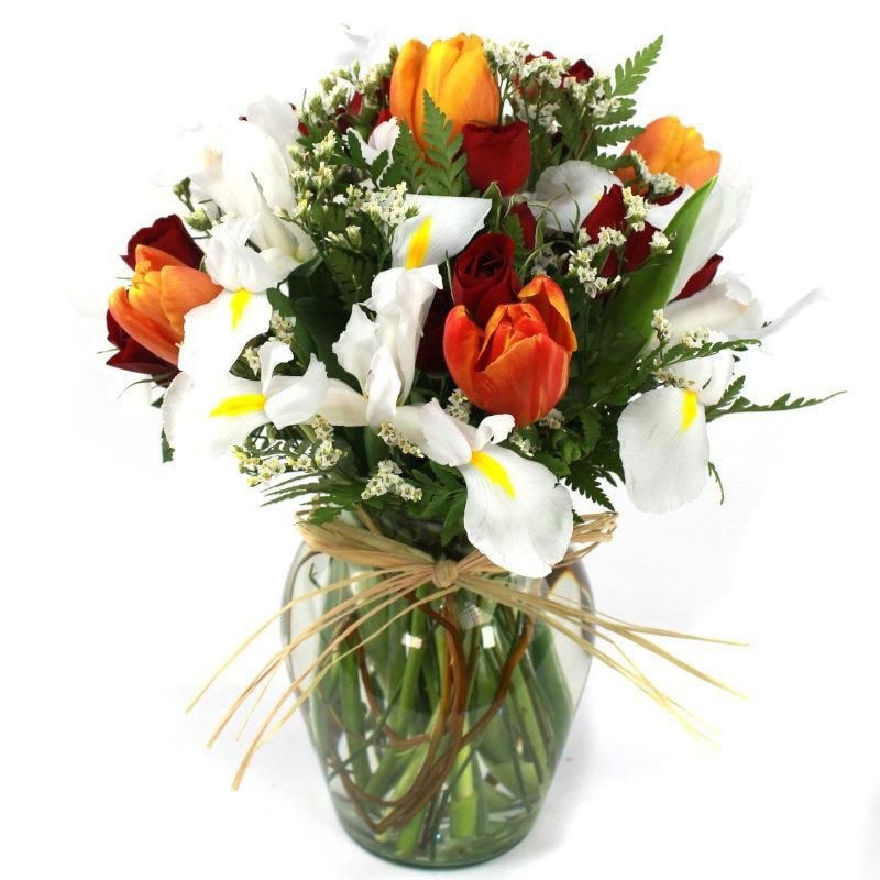 Jacinta Damasco- Florero con Iris blanco y tulipanes - Imagen 1