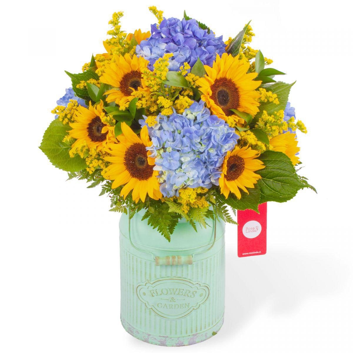 Javiera Campestre - Lechero vintage con girasoles y hortensias azules - Imagen 1