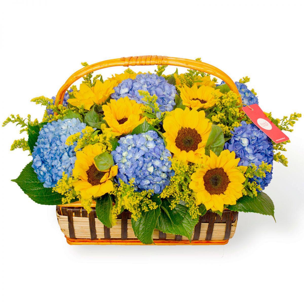Javiera en canasto - Arreglo floral en canasto con girasoles y hortensias azules - Imagen 1