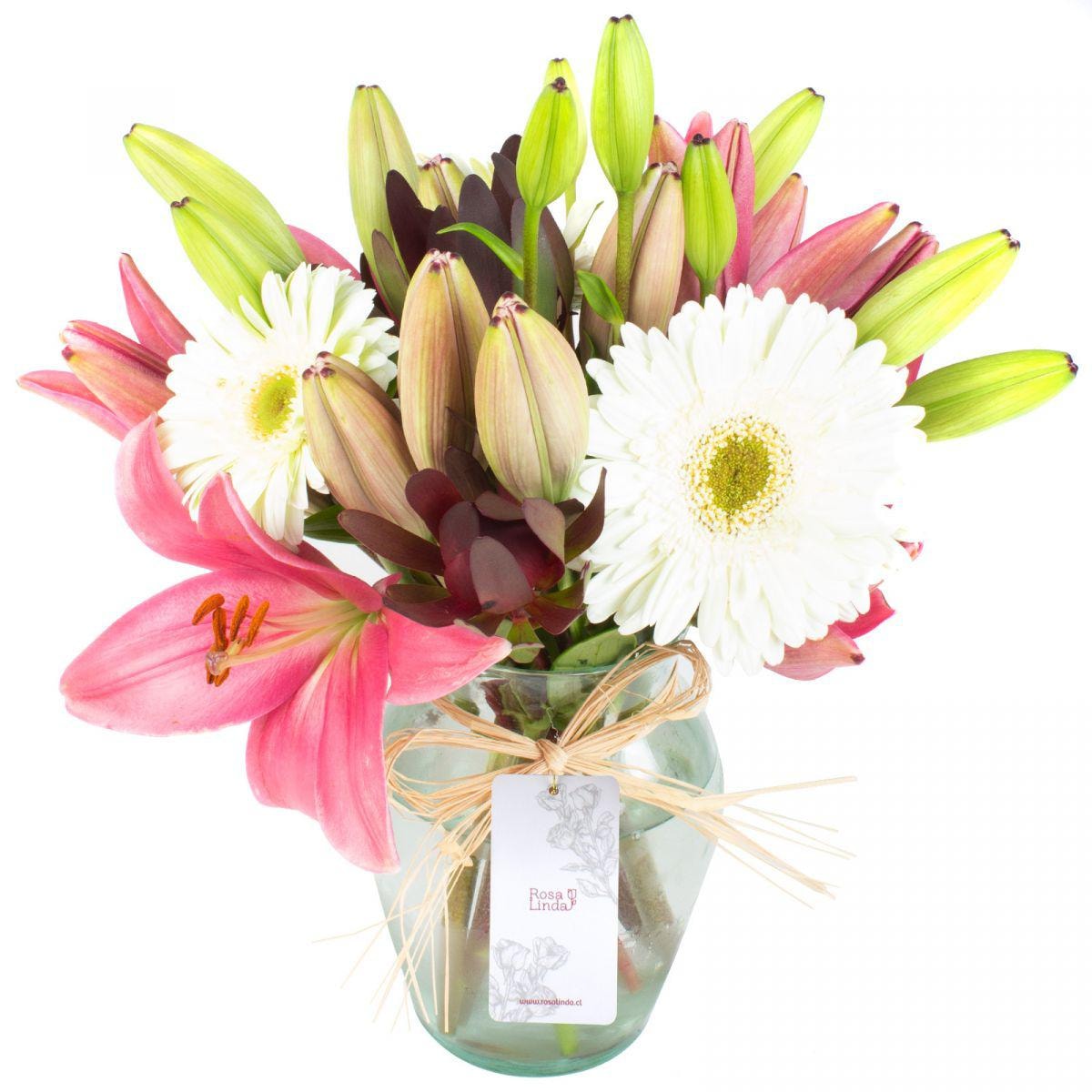 Rayen Blanco Rosado - Florero transparente con liliums rosado, gerberas blancasy leucadendros - Imagen 1