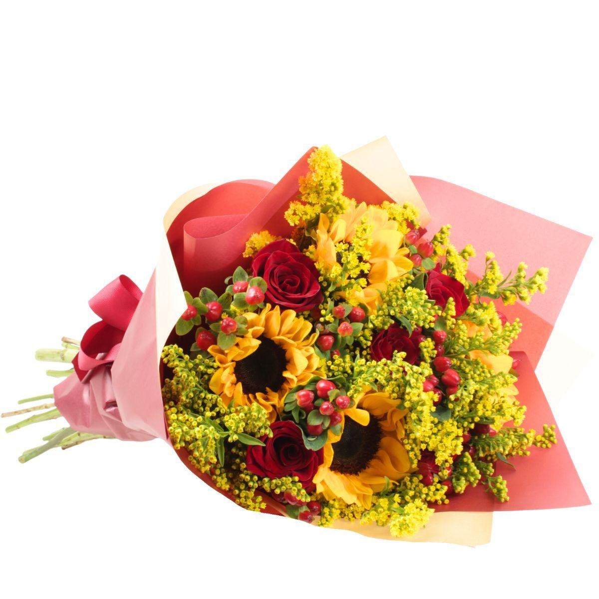 Amanecer en Ramo con girasoles, rosas rojo e hypericum - Imagen 1