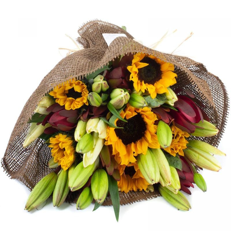 Saludo al Sol en Ramo - Ramo circular con liliums blancos, girasoles y leucadendros - Imagen 3