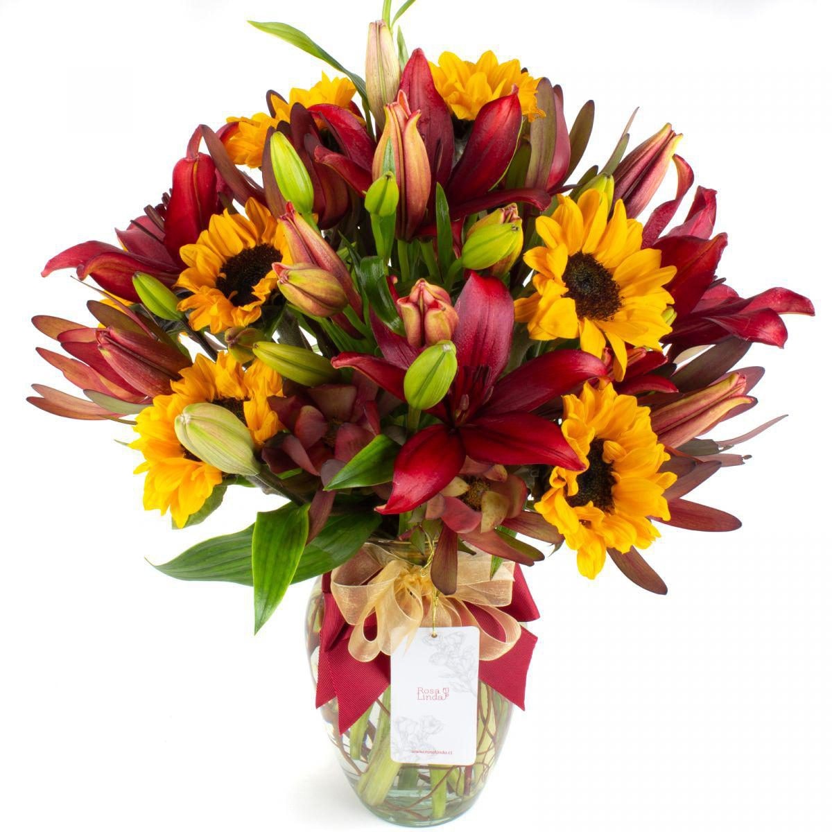 Saludo al sol rojo - Ánfora con liliums rojos, girasoles y leucadendros - Imagen 1