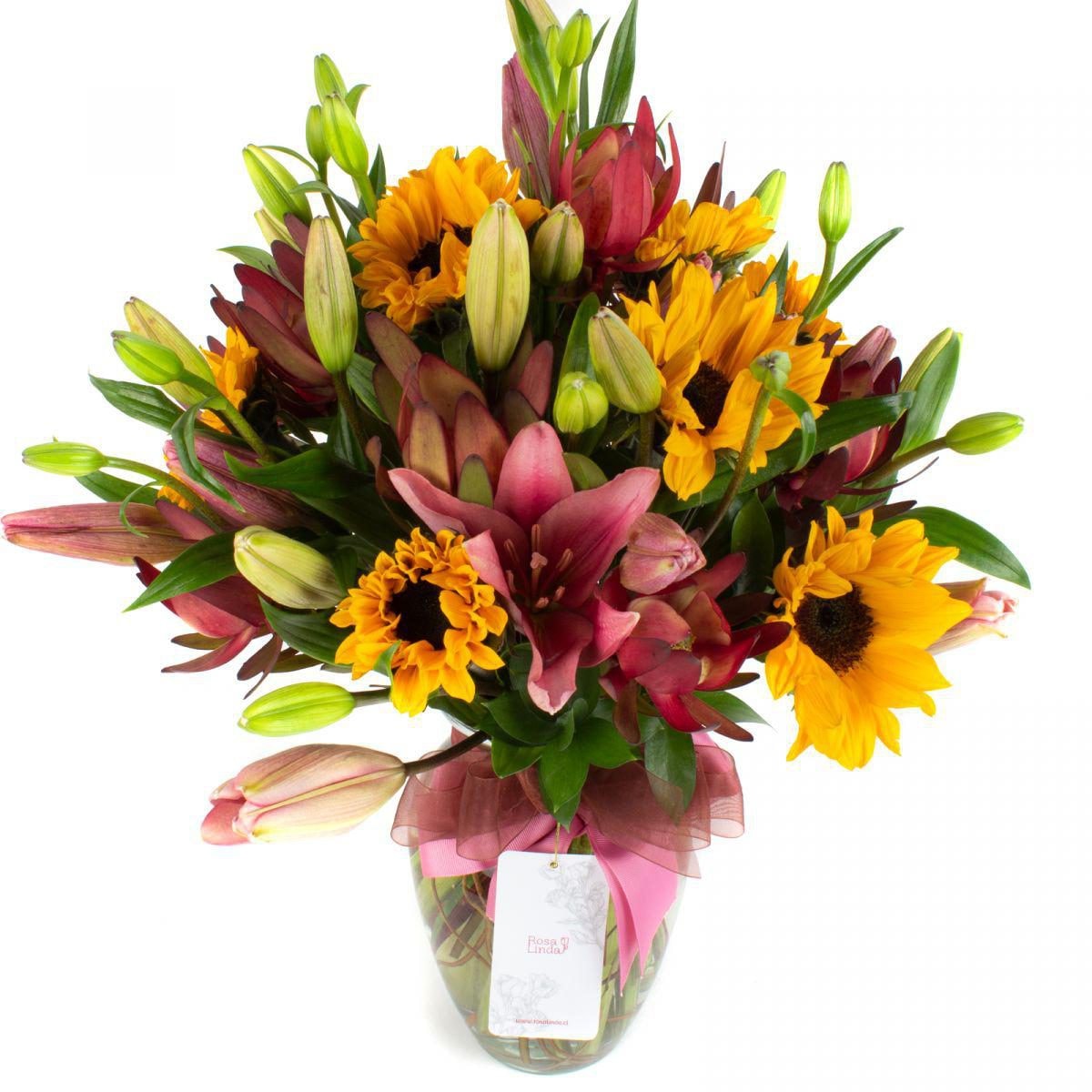 Saludo al sol rosado - Ánfora con liliums rosados, girasoles y leucadendros - Imagen 1