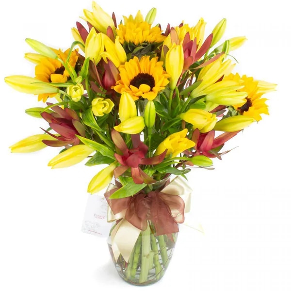 Saludo al sol amarillo - Ánfora con liliums amarillos, girasoles y leucadendros
