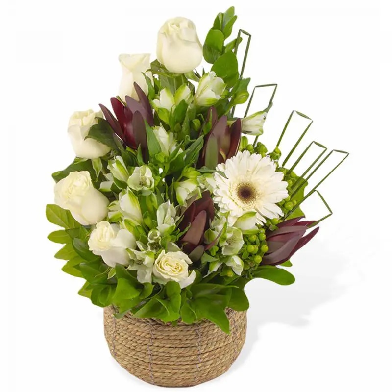 Magdalena Blanco - Arreglo floral con rosas, gerbera y astromelias blancas