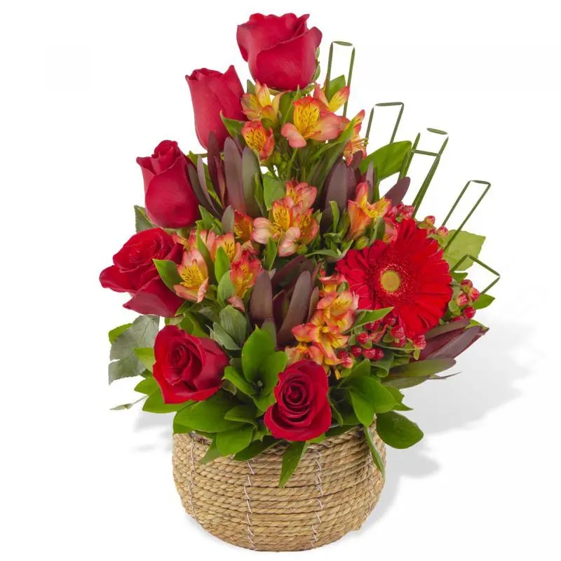 Magdalena Rojo - Arreglo floral con rosas, gerbera y astromelias rojas