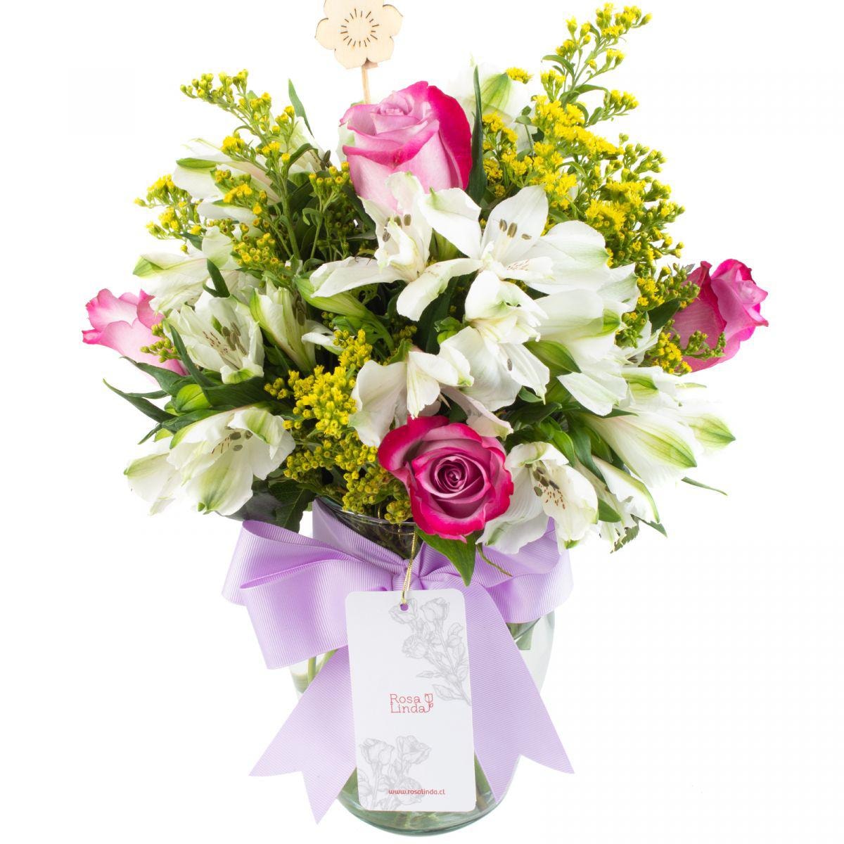Ágata Lila y Blanco en florero - rosas y astromelias - Imagen 1