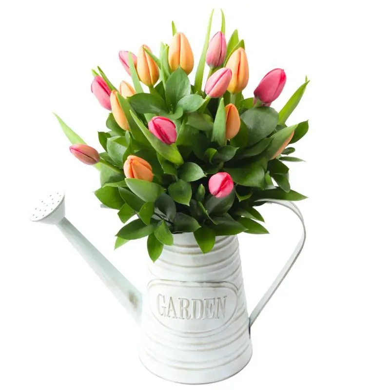 Regadera con Tulipanes - Arreglo floral en regadera con mix de tulipanes naranja y fucsia en regadera