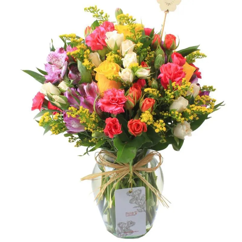 Ninfa en florero - rosas, miniclaveles y astromelias