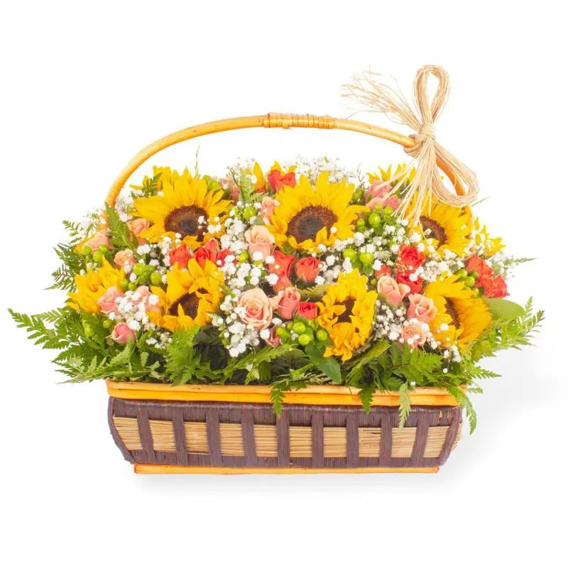 Genoveva - Arreglo floral en canasto de mimbre con girasoles, mini rosas, gypsophila e hypericum