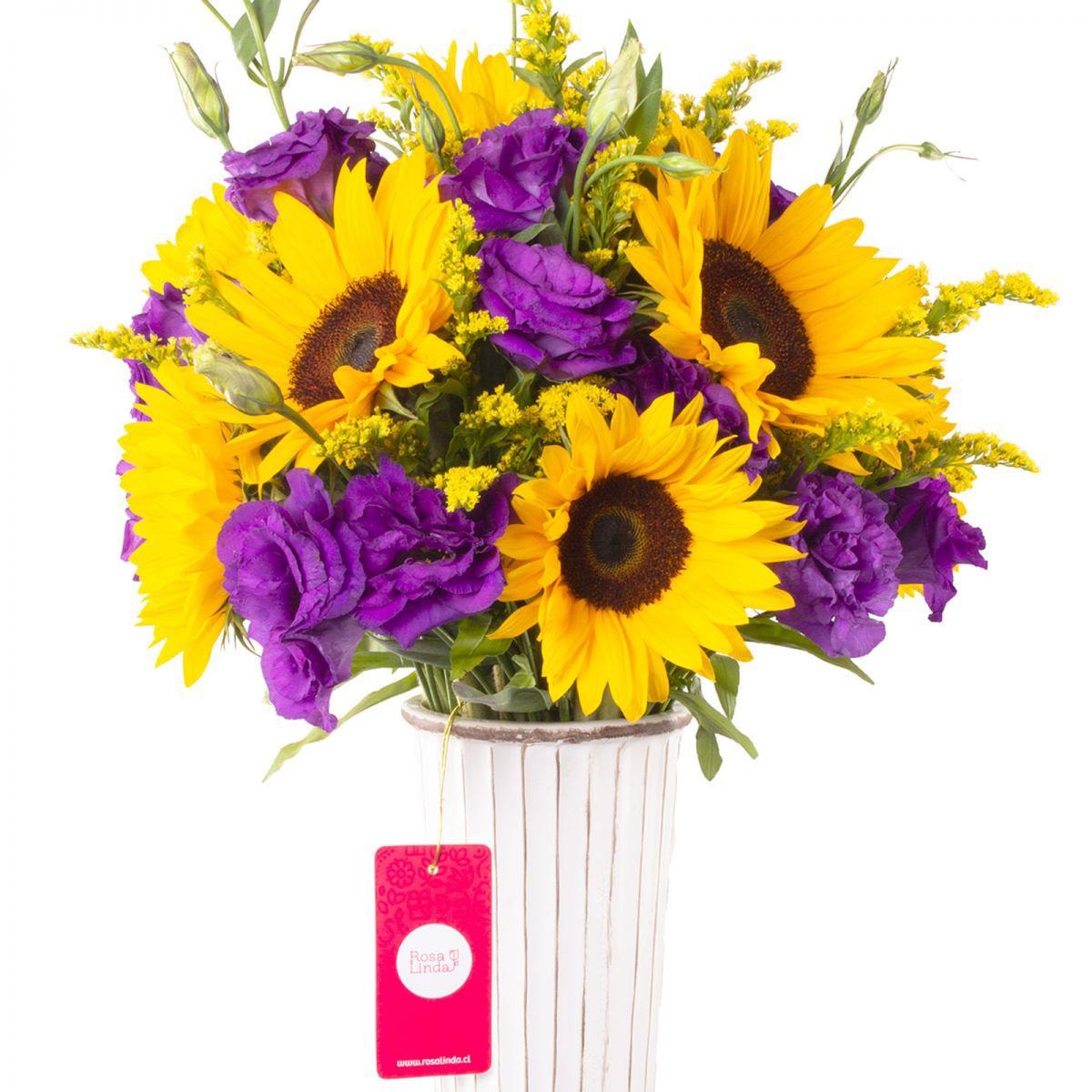 Mirasol - Arreglo floral con girasoles y lisianthus morados - Imagen 1