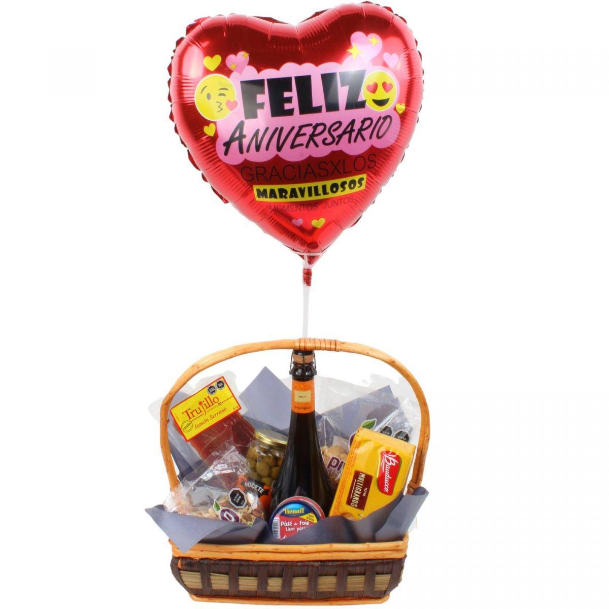 Canasto Feliz Aniversario - Canasto de regalo de aniversario con espumante, snacks de picoteo y globo - Imagen 1