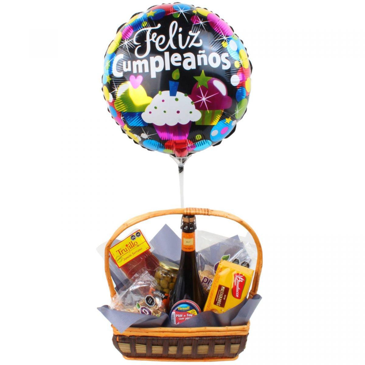 Canasto Feliz Cumpleaños - Canasto de regalo de cumpleaños con espumante, snacks de picoteo y globo - Imagen 1
