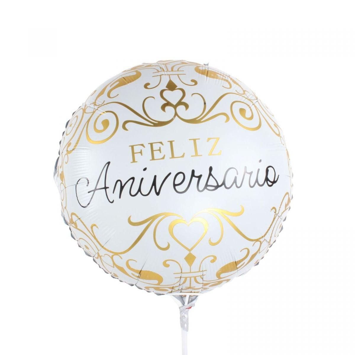 Globo Feliz Aniversario blanco y dorado 38cm - Imagen 1