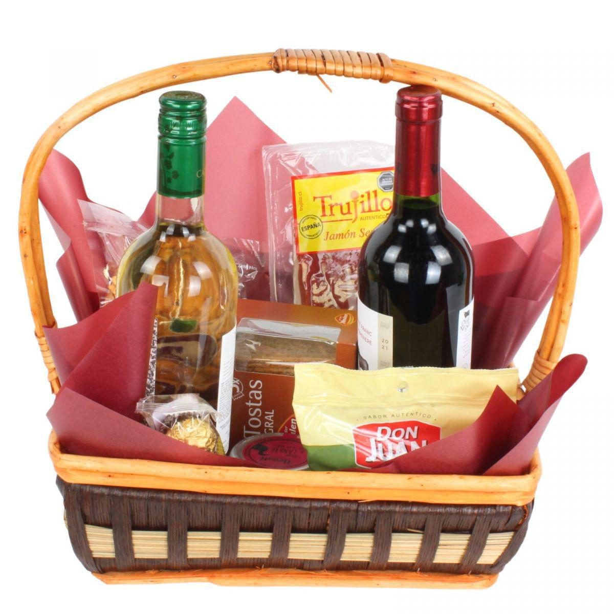 Set de Regalo vino Tinto y Blanco - Canasto de mimbre con vinos, paté, tostadas, bombones y picoteos - Imagen 1