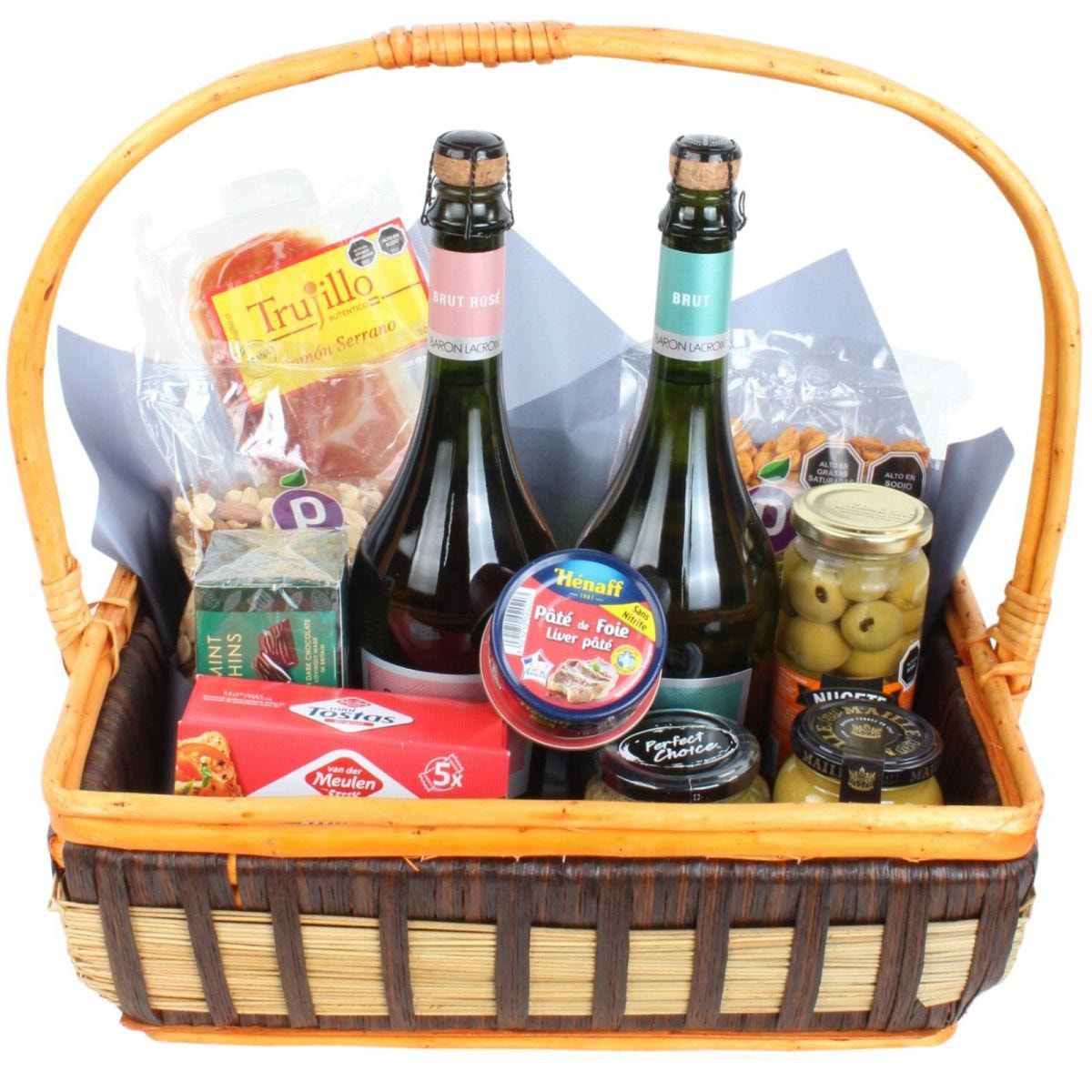 Set de Regalo Espumantes Brut y Rose - Canasto de mimbre con dos espumantes y picoteo - Imagen 1