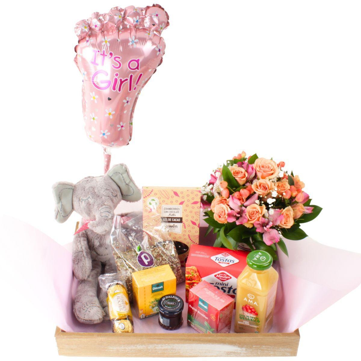 Brunch Nacimiento Es una niña - Bandeja con globo, peluche elefantita, té, infusiones, galletas, semillas y flores - Imagen 1