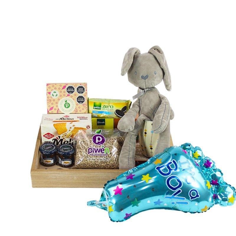 Brunch Nacimiento Es un niño - Bandeja con globo, peluche conejito, té, infusiones, galletas y semillas - Imagen 1