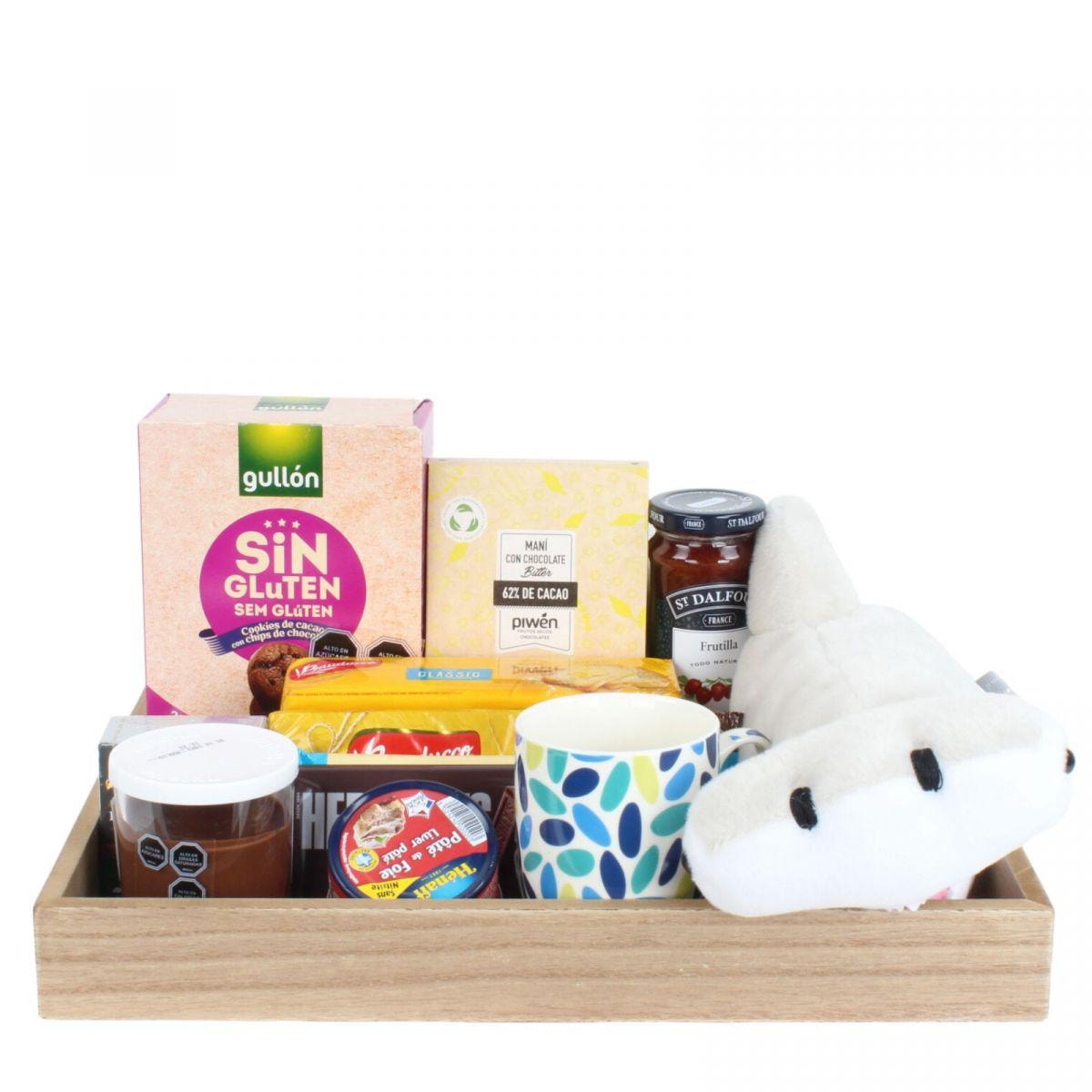 Brunch Pacífico - Bandejita con peluche de tiburón martillo, galletas, chocolates, tostadas y mermelada - Imagen 1