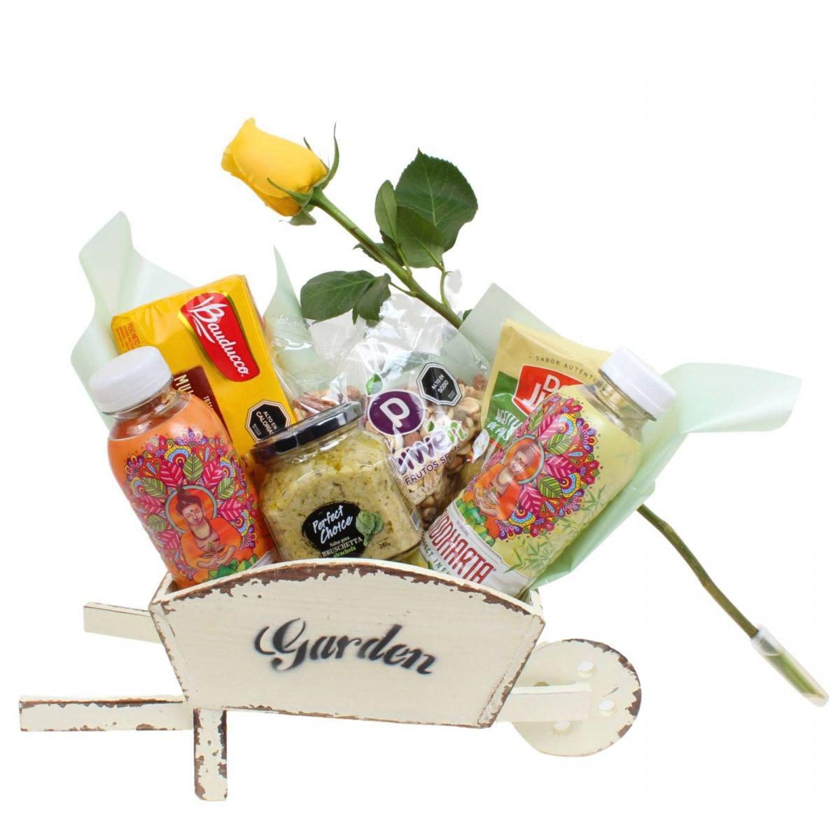 Set de regalo Nirvana - Carretilla envejecida de madera con Infusiones Siddharta, Salsa de Alcachofa, Tostadas, Aceitunas y Frutos Secos - Imagen 1